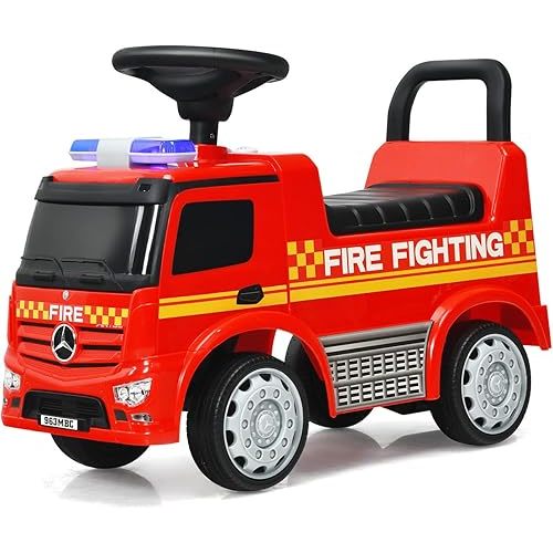 GLACER Ride on Fire Truck, Licensed Mercedes Benz Sliding Walking Car for Toddlers w/Horn, Music, Lights, Under Seat Storage, Foot-to-Floor Ride on Toy for Toddlers Boys & Girls