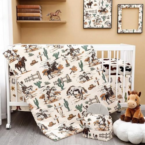 4 Piece Western Cowboy Crib Bedding Set, Soft Neutral Nursery