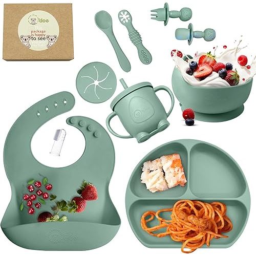 O'doe 11-Piece BPA-Free Silicone Baby Feeding Set | Thick & Soft Suction Plates, Baby Bowls, Wooden Fork & Spoon, and More | Make Mealtime Fun and Easy for Your Little One (Green, V1)