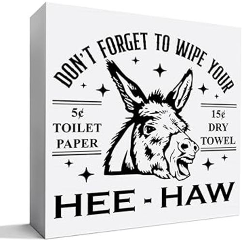 Funny Western Bathroom Decor Wooden Sign, Donkey Bathroom Decoration for Toilet Restroom Powder Room Table Decor, Gift for Women Men Cowboy, Don't Forget to Wipe Your Hee Haw
