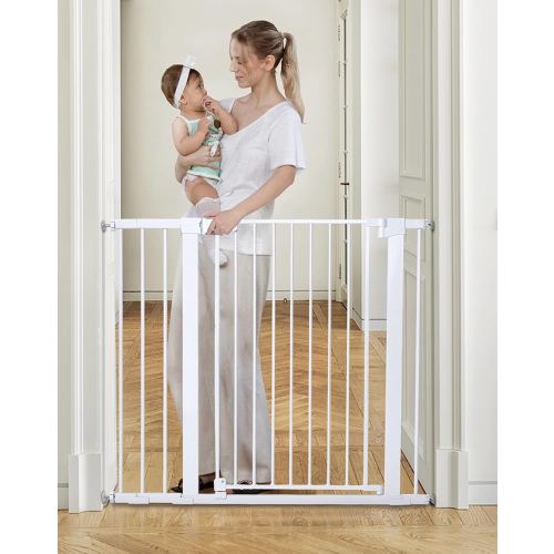 COMOMY 36" Extra Tall Baby Gate for Stairs Doorways, Fits Openings 29.5" to 43.3" Wide, Auto Close Sturdy Safety Dog Gate for House, Pressure Mounted Easy Walk Through Pet Gate with Door, White