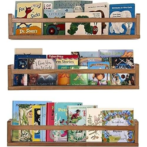 AZSKY Nursery Shelves Light Walnut Floating Book Shelf Organizer for Baby Nursery Décor Wall Book Shelves for Kids Room 24 Inch Wood Wall Ledge Shelves for Bathroom Kitchen Spice Rack a Set of 3