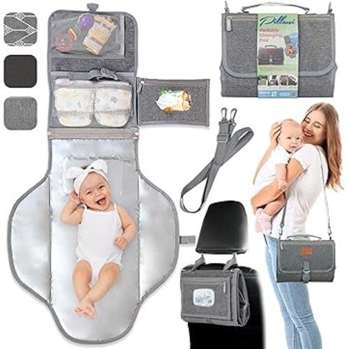 Portable Changing Pad for Baby, Travel Diaper Changing Pad for Newborn, Large Waterproof Baby Changing Mat, Foldable & Detachable Diaper Changing Station with Baby Wipes Pockets, Baby Stuff by Pillani
