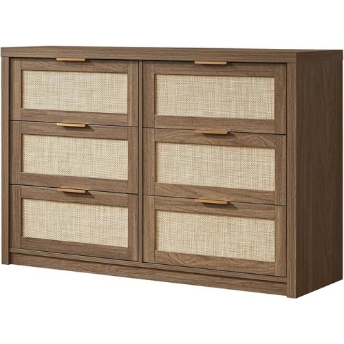 Hampstead Dresser for Bedroom, Rattan 6 Drawer Dresser, Boho Chest of Drawers, Wood Closet Dresser TV Stand for Living Room Hallway, 47.24" W x 15.43" D x 31.69" H
