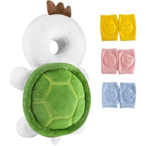 Baby Toddler Head Protector Backpack Safety Pad Adjustable With 3 Pairs Knee Pads for Infant Walker Walking & Crawling Cute Tortoise HX S4