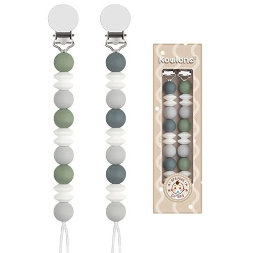 Pacifier Clip Baby Boys Girls Paci Holder Silicone Teething Beads Soothie Binky Clips Teether Toys 2 Pack (Grey, Hunter Green)