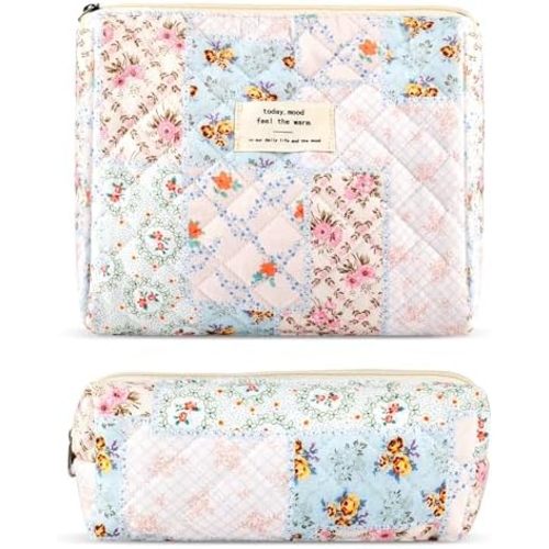 2Pcs Quilted Cotton Makeup Bag Large Travel Makeup Pouch Small Brush Holder Set for Women Cute Floral Coquette Makeup Bag Aesthetic Cosmetic Bag Flower Bee Toiletry Organizer Storage Bag Zipper Pouch