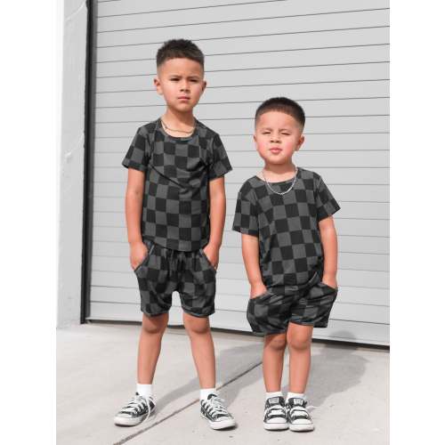 Rebel Bro Biker Two Piece Set in Black + Charcoal Checkered - 3-4T
