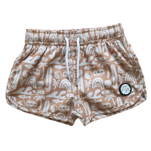 Brown Bus Little Surfer Dude Swim Trunks