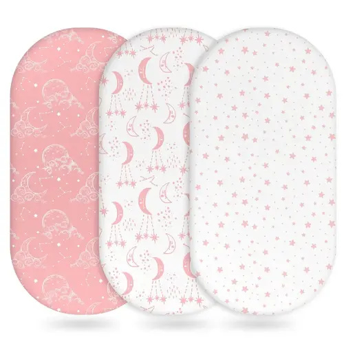 Baby Bassinet Sheets Girl Boy, Fitted Bassinet Sheet Set 3 Pack Bassinet Mattress Sheets Universal Fit for Rectangle, Round, Oval, Hourglass Mattress, Soft Breathable Pink White Moon