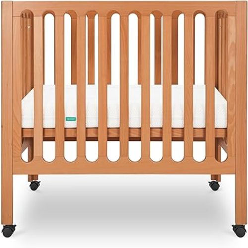 Newton Baby Galileo Mini Crib Solid Beech Wood with Wheels in Chestnut Color, Mini Crib Mattress Included, Adjustable Mattress Height, Ultra-Safe Non-Toxic Finish