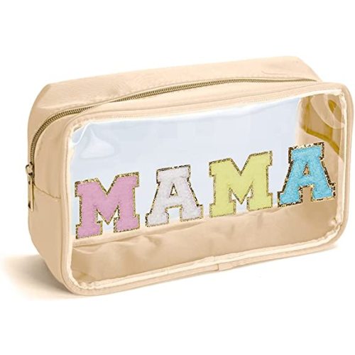 Chenille Letter MAMA Cosmetic Bag Clear PVC Makeup Waterproof Poucher Cosmetic Preppy Patch Tote Bag Nylon Zipper for Purse Portable Travel Pouch Toiletry Storage Bag for Women (Beige-MAMA)