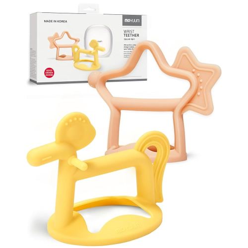 MOYUUM Wrist Teether Gift Set 100% Silicone, Wearable Type Baby Chew Toy Baby Gift for Newborn Roly Poly Toy Silicone Teething Toys for Infant and Toddler Bracelet Type (Star Coral Beige, Pony Yellow)
