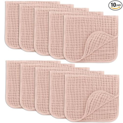Comfy Cubs Muslin Burp Cloths 20" x 10", Pack of 10 - Large, 6-Layer, Ultra Absorbent 100% Cotton for Baby Drool and Messes - Soft, Safe & Gentle Baby Burp Cloths for Boys & Girls - Blush