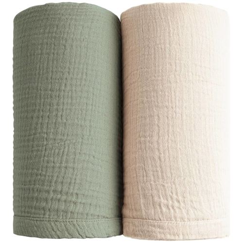 Konssy Muslin Swaddle Blankets for Girls Boys, 2 Pack Receiving Baby Blanket Large 47 x 47 inches, Soft Breathable Swaddling Wrap for Unisex Newborn (Fog Green,Cream)