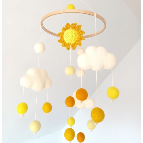 Sunshine Mobile, Cloud Mobile, Crib Mobile, Neutral Gender Mobile, Sun Baby Mobile, Pom Pom Mobile, Yellow Baby Mobile, Cot Hanging Mobile