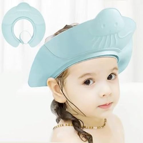 Baby Shower Cap Bath Visor Protection Silicone Adjustable Safe Shower Bathing Cap for Infants Toddler Baby Kids Children (6 Months-12 Years old/15.8-22.8In) (Haze Blue Jellyfish)