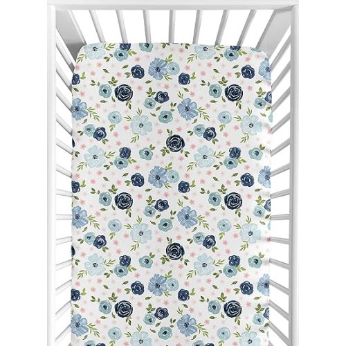 Sweet Jojo Designs Floral Girl Jersey Stretch Knit Baby Fitted Crib Sheet for Soft Toddler Bed Nursery - Navy Blue and Blush Pink Boho Shabby Chic Rose Watercolor Flower