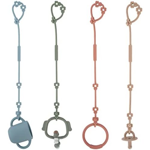 Toy Safety Straps, Silicone Pacifier Clips, Adjustable Stretchable Sippy Cup Straps for Strollers, High Chair, Cribs, Hanging Baskets, Car Seat, Shopping Trolley, 4 Pack, (Ether+Sage+Muted+Apricot)