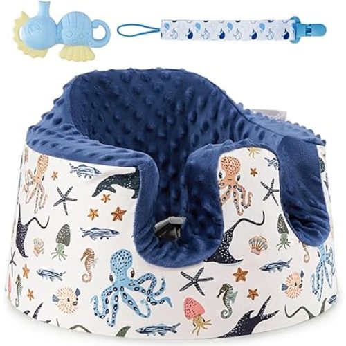 Seat Cover Compatible with Bumbo Floor Seat Only, w/Pacifier Clips & Safe Teething Bells Toys,Breathable Baby Bumbo Seat Cover,Soft Bumbo Floor Seat Cover for Baby Girl Boy, Excluding Pacifier(Blue)