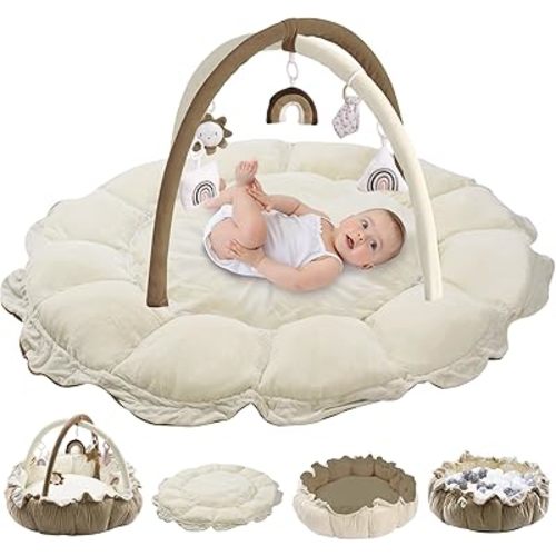 5-in-1 Convertible Baby Play Gym with 6 Toys, Tummy Time Mat for Sensory Development, Baby Activity Center from Newborn to Toddler, Ball Pit, Cat & Dog Bed, Soft Plush Pet Bed, No Ball Included Brown