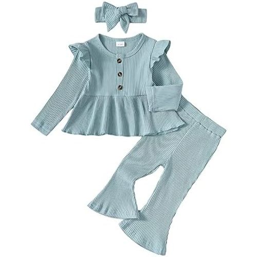 Baby Girl Clothes Toddler Girl Cotton Outfit Rib Long Sleeve Shirt Top Solid Pants Infant Girls Set