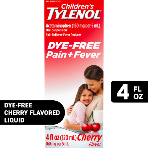Children's Tylenol Liquid Pain + Fever Reducer, Kids Relief, Dye-Free Cherry, 4 fl. oz