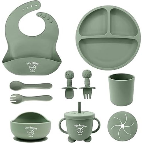 10-Piece Silicone Baby Feeding Set – BPA-Free, Spill-Proof Suction Plate, Bowl, Bib, Snack Cup & Utensils | Dishwasher Safe, Baby Gift Ready (Green)