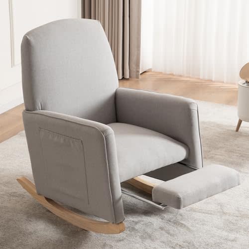 FOXHUNTER Rocking Chair, Nursery Chair with Adjustable Footrest and High Backrest, Glider Chair for Nursery with Side Pockets,Upholstered Rocking Chair Indoor for Living Room,Cotton Linen Light Gray