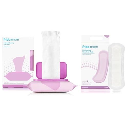 Frida Mom Witch Hazel Cooling Pad Liners (24ct) + Frida Mom Postpartum Pads, Leak Proof Maxi Pads (18ct)| Postpartum Essentials