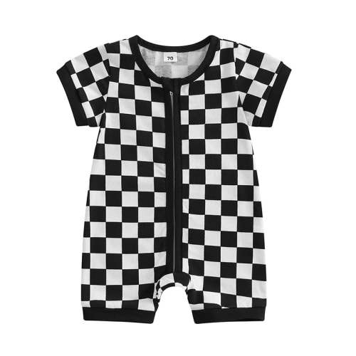 Baby Boys Summer Romper Checkered Print Short Sleeve Round Neck Zipper – August + Willow