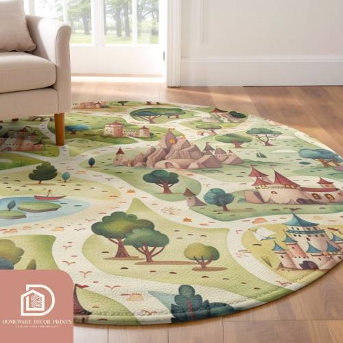 Castle Road Map 5ft Round Rug, Medieval Fairytale Nursery Theme Soft Playmat, Fantasy Comfy Circular Carpet, Fairyland Fluffy Activity Mat