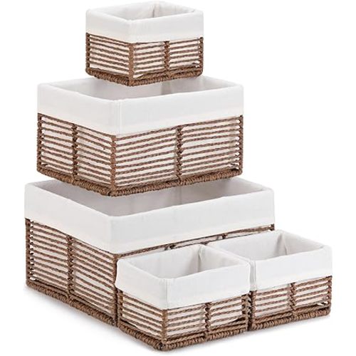 Vagusicc Wicker Storage Basket, Hand-Woven Paper Rope Woven Baskets, Rectangular Small Wicker Baskets for Organizing, Cube Storage Bins for Closet/Clothes/Dresser, Brown, 5-Pack