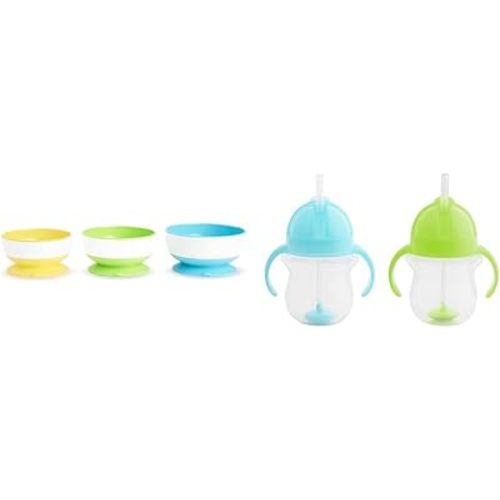 Munchkin® Stay Put™ Suction Bowls for Babies and Toddlers, 3 Pack, Blue/Green/Yellow & Any Angle™ Weighted Straw Trainer Cup with Click Lock™ Lid, 7 Ounce, 2 Count (Pack of 1), Blue/Green