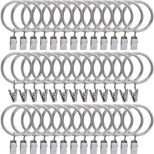 40 Pack Curtain Rings with Clips Hooks, Silver Drapery Clips with Rings Stainless Steel Metal 1.5 inch Curtain Hangers Clips, Fits Diameter 1.2 inch Rod, Silver