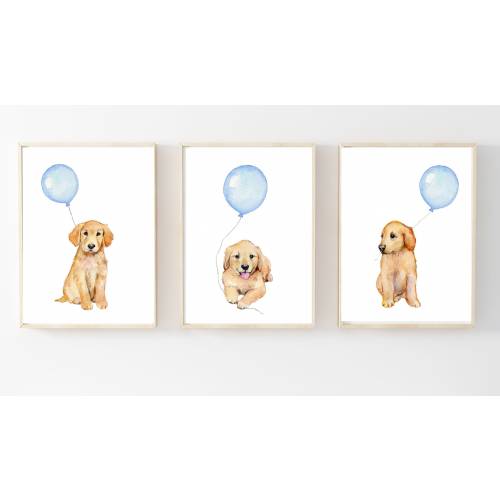puppy dog nursery art, golden retriever prints, pastel blue boys room decor, golden retriever art, golden retriever nursery