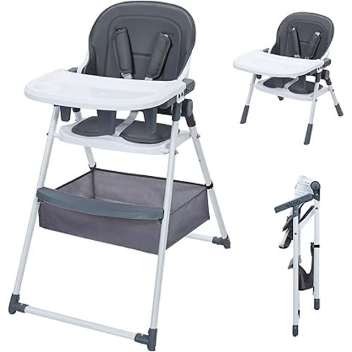 Baby High Chairs Highchairs with Foldable and Convertible, Adjustable Height and Recline, Toddler Feeding Chair with Removable Tray and Large Storage Basket(Gray/White)