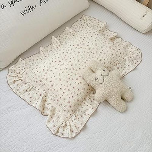 BuLuTu 2-Layer Cotton Muslin Toddler Pillowcases for Girls Boys Floral Pillow Cover Decorative Pillow Cases Gauze Cotton Small Pillow Protector for Crib, Envelope Closure, 14"x20",1 pc