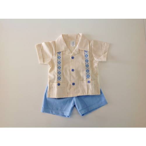Mexican Baby Toddler Boy Guayabera Outfit Beige and Light Blue Shirt and Navy Blue Shorts Outfit Embroidered Handmade Different Sizes