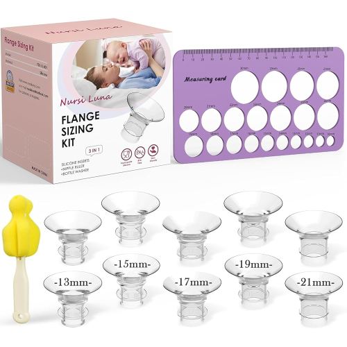 Flange Sizing Kit 3 in 1 with 10PCS Flange Inserts 13/15/17/19/21mm, Silicone Breast Pump Flanges Insert Kit for 24mm Electric Breast Pump, Pumping Breastfeeding Essentials Kit for New Mom