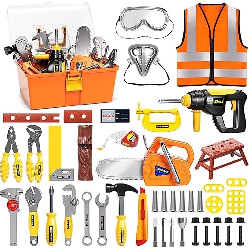 Deejoy 54Pcs Large Kids Tool Set with Electric Saw & Electronic Toy Drill, Pretend Play Kids Construction Set for Toddler 3-5 Years Old, Toddler Boy Toys-Orange
