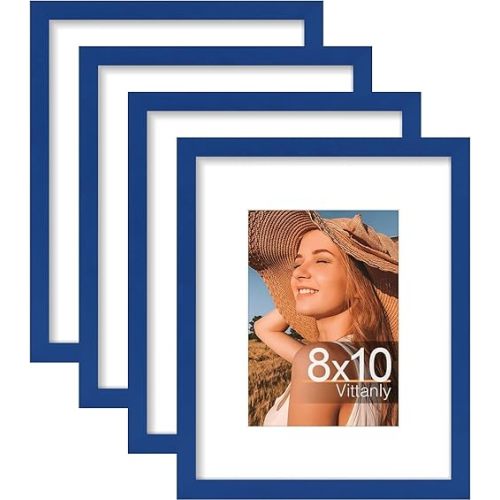 Vittanly 8x10 Picture Frames Set of 4, Display Pictures 5x7 with Mat or 8x10 without Mat, Gallery Wall Frame Set for Wall or Tabletop, Engineered Wood with Shatter Resistant Plexiglass, Royal Blue