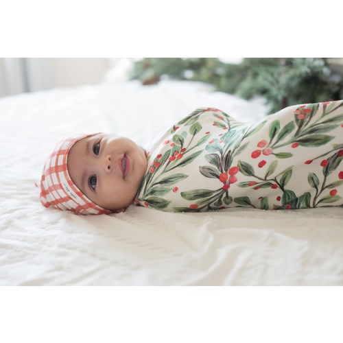 Mistletoe and Red Berries Watercolor Christmas Baby Swaddle Set - US Milled Organic Cotton + Spandex Fabric