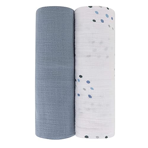 Ely's & Co. Cotton Muslin Swaddle Blanket 2-Pack for Baby Boy — 100% Cotton Muslin Extra-Large Swaddle Blankets (47” x 47”) Blue Raindrops | Solid Blue