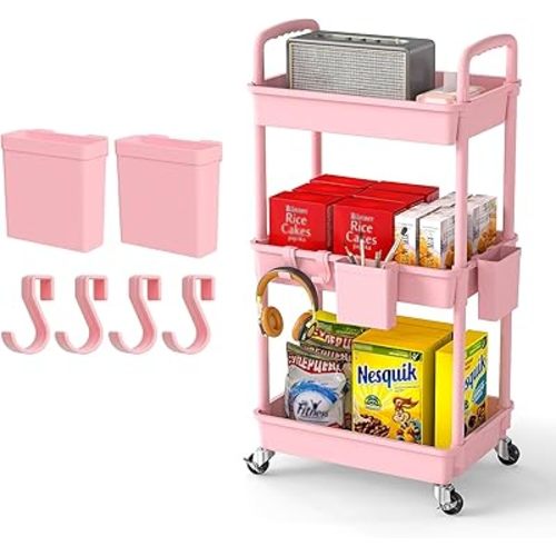 3 Tier Rolling Utility Cart with Drawer,Storage Cart,Rolling Cart for Kitchen,Bathroom,Living Room,Storage Organizer with Iron Wheels(Pink