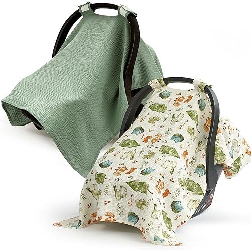 SERAPHY 100% Muslin Cotton Car Seat Cover Baby, 2 Pack Universal Carseat Covers Baby Boy Girl, Breathable Car Seat Canopy, Soft Infant Car Seat Cover for Summer and Winter—2 Pcs Green&Forest