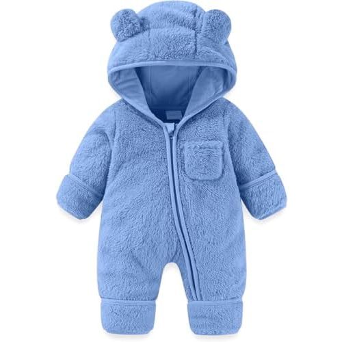 Newborn Baby Fleece Footie Snowsuit Winter Onesie Cartoon Bear Warm Hooded Outfits for Girls Boys