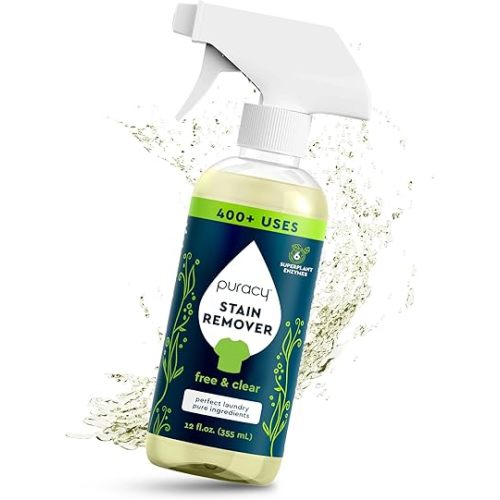 Puracy Stain Remover Spray, Natural Travel and Laundry Stain Cleaner for Clothes, Baby & Kids Stains, Oil & Fabric Spot Cleaner (Free & Clear, 12 oz)