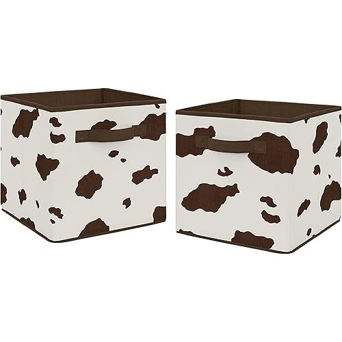 Sweet Jojo Designs Brown and Cream Cow Print Foldable Fabric Storage Cube Bins Boxes Organizer Toys Kids Baby Childrens for Wild West Collection Set of 2