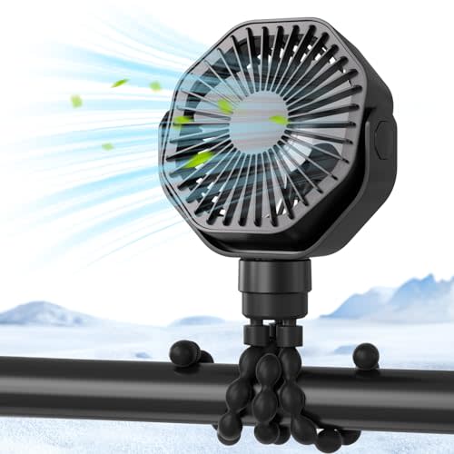 Portable Stroller Fan with Flexible Tripod, 3 Speeds Rechargeable Handheld Personal Fan, 360°Rotate Battery Operated Clip On Fan for Car Seat Crib Bike Treadmill Black